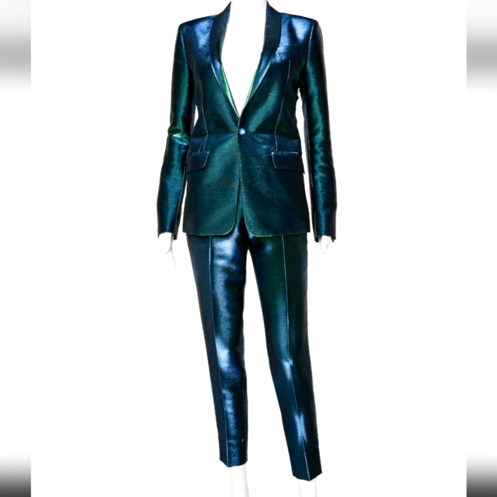 SOLD! EACH X OTHERUnique Holographic Tuxedo Jacket and pant set In Green XS.
